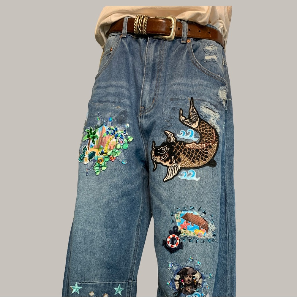 Upcycled Embroidered, Patched, and Distressed Barrel Jean with a Caribbean Theme - Picture 4 of 14